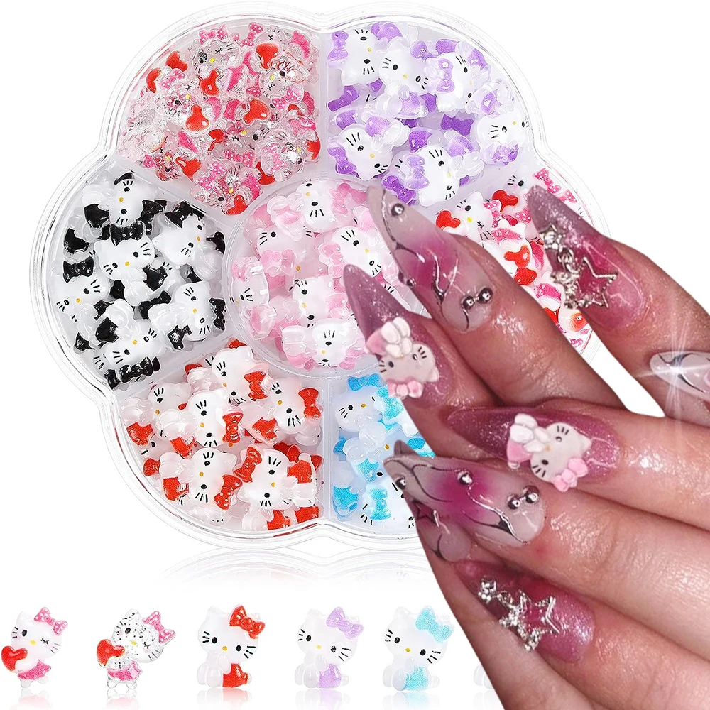 70Pcs/Box Miniso Hello Kitty Nail Charms Pink 3D Resin Cartoon Kuromi Nails Decor Nail Rhinestone Gems Craft Y2K Manicure Charms