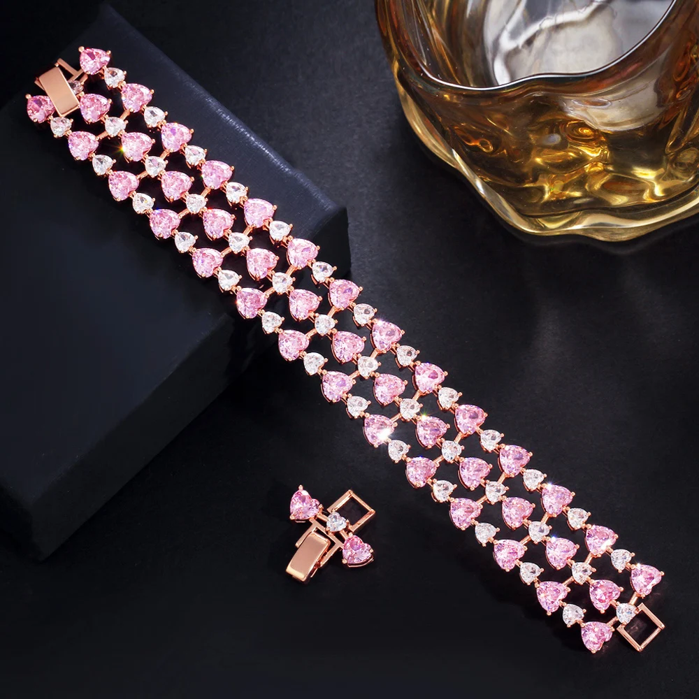 ThreeGraces High Quality Pink Cubic Zirconia Rose Gold Color Love Heart CZ Bridal Wedding Bracelet for Women Prom Jewelry BR307