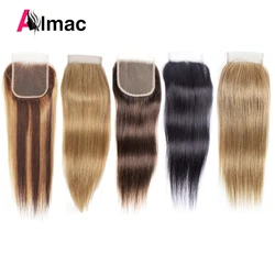 Cierre de encaje transparente 4x4, cabello humano Remy liso 27, rubio miel, marrón oscuro, Color negro, 613