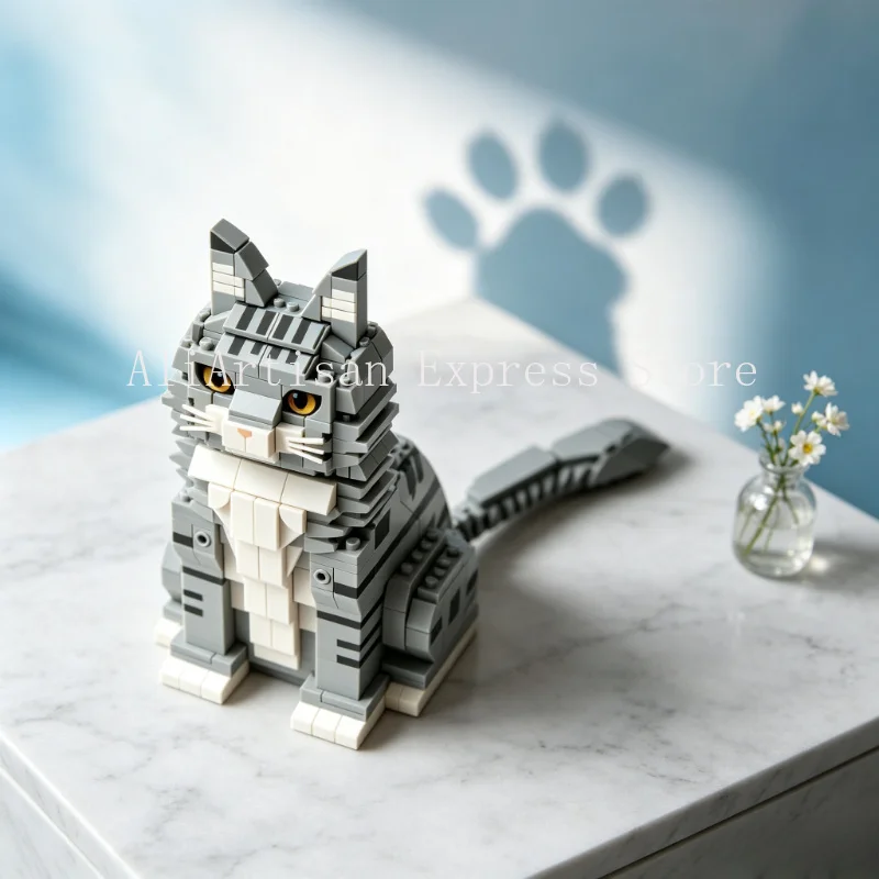 Realistic Maine Coon Cat Desktop Display Block-Built Ornament Home Decor Animal Sculpture Collectible Keepsake Gift