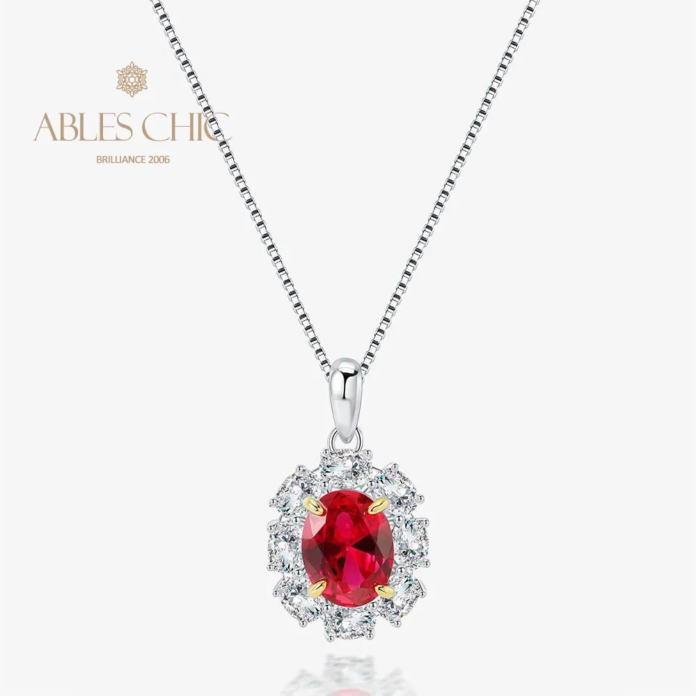 

Solid 925 Silver Simulated Oval Ruby Solitaire Floral Pendant 5A Zircon Halo Sapphire Gemstone Blooming Necklaces S2R1S2P0583