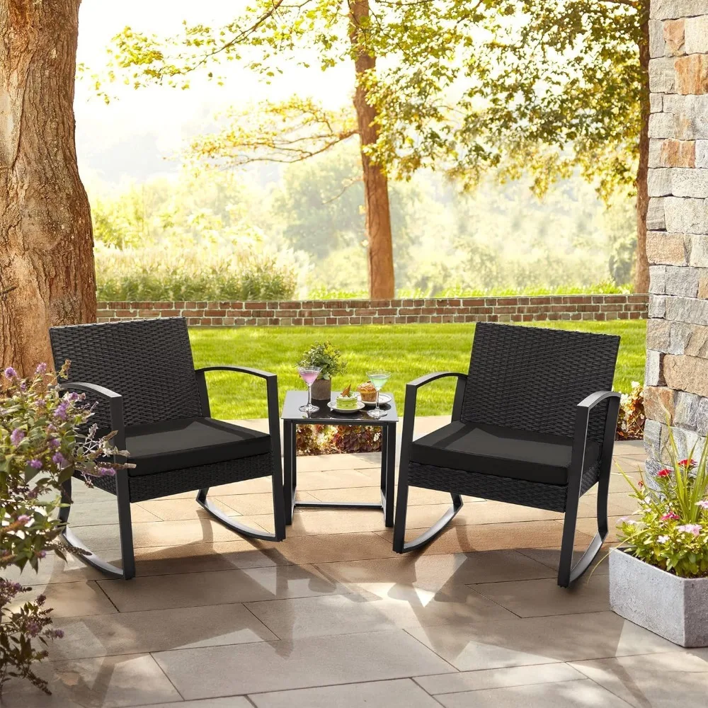 

Patio Furniture Set 3 Piece Resin Outdoor Bistro Set Rocking Patio Chairs with Cushions and Table for Porch, Poolside and Yard