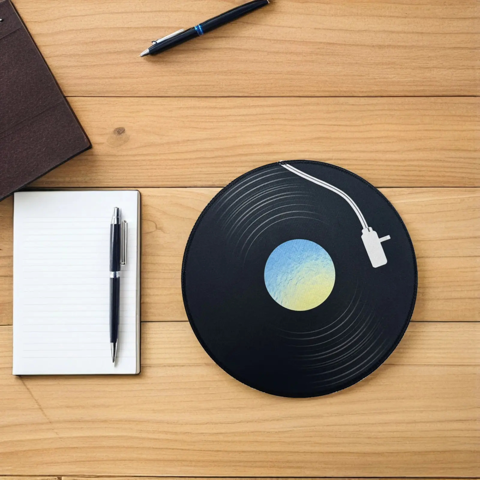 Record Player Themed Round Mouse Pad Black Smooth Non-Slip Rubber Bottom Waterproof Easy Clean for Gamers Office