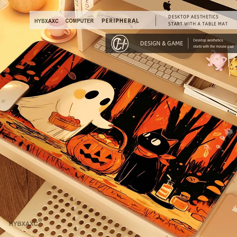 HYBXAXC Halloween Cute Ghost Black Cat Pumpkin Forest Gaming Mouse Pad Non Slip Rubber Stitched Edge Large Keyboard Mat Mousepad