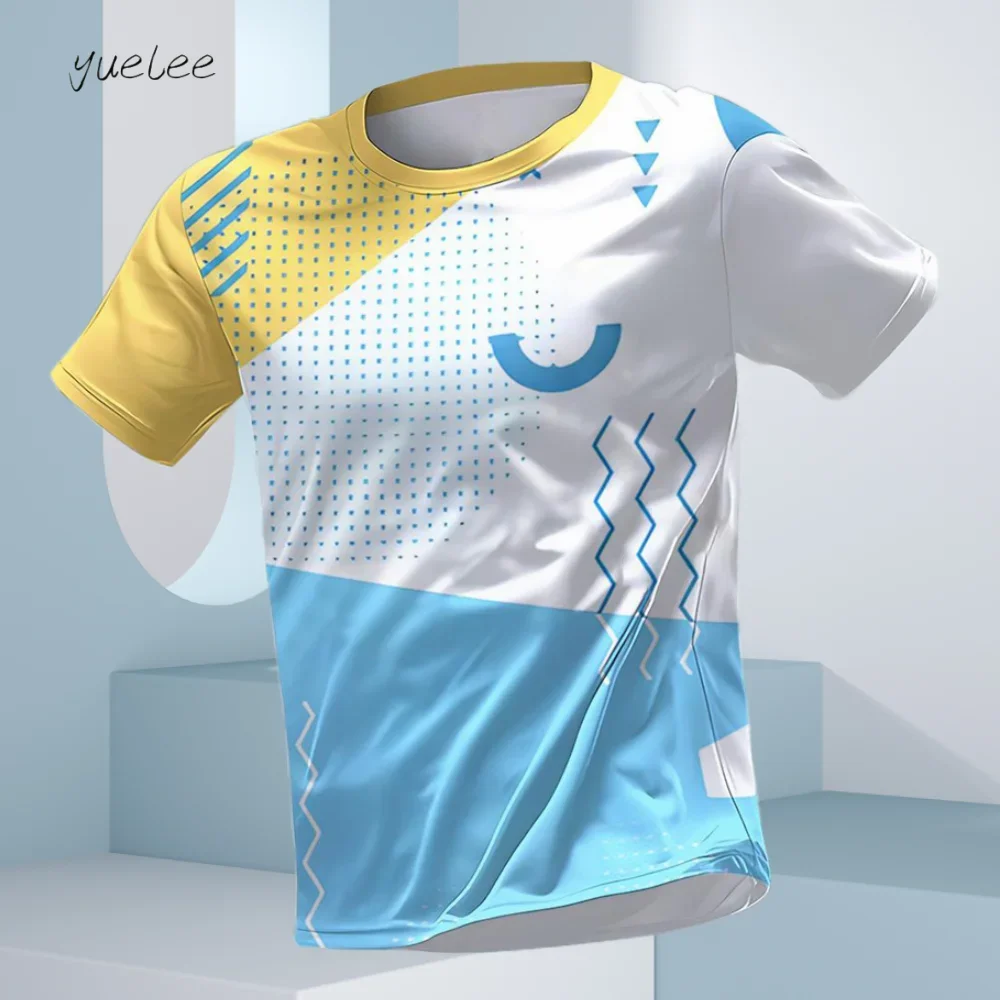 Fashion Men's Geometric Gradient Color Block T-shirt Quick Dry Crew Neck Short Sleeve Sports Tee Splicing Athletic Training Tops