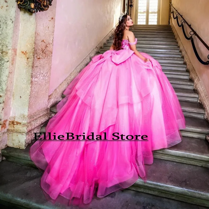 Customized Pink Quinceanera Dresses Tulle Beading Vestido De 15 Quinceañera Off The Shoulder Sweet 16 Prom Gowns