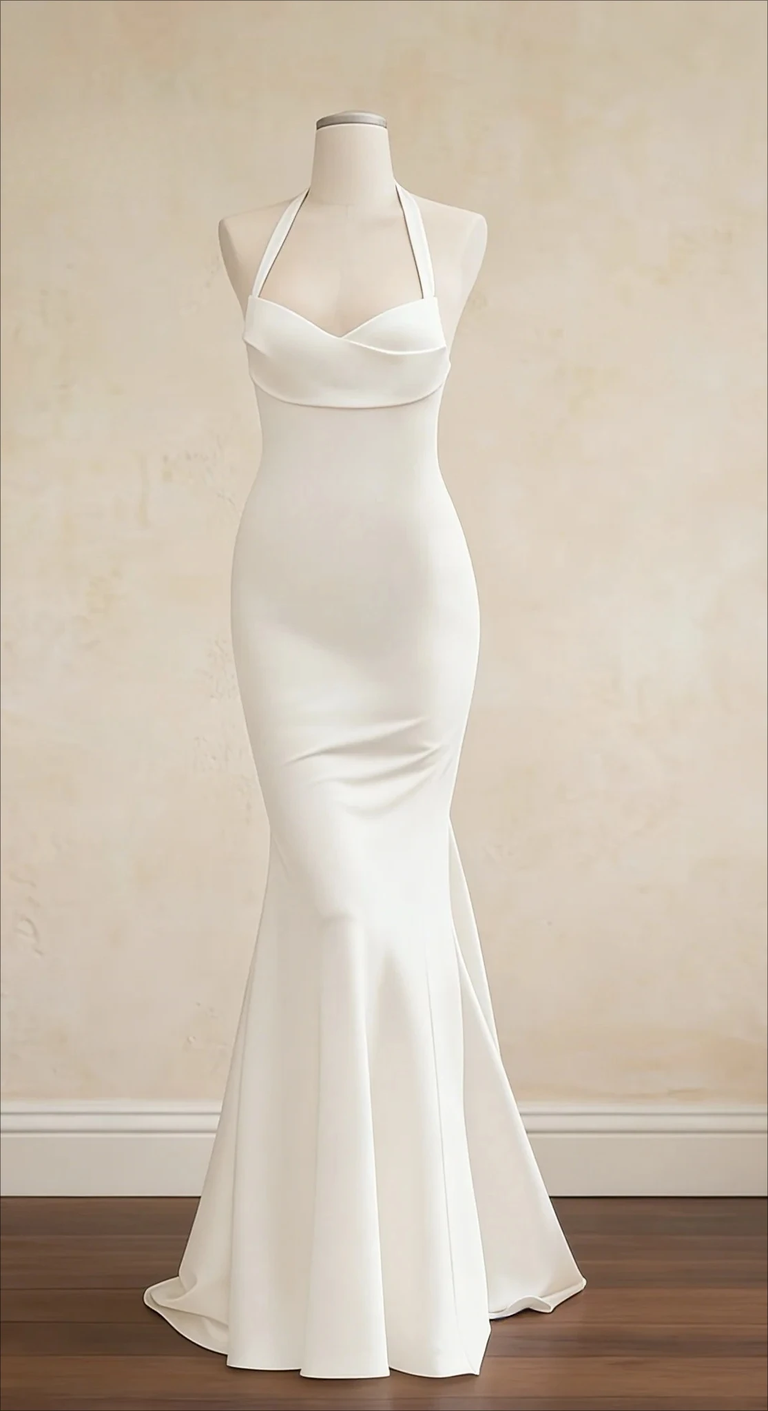 Customized Glossy Satin Halter Sweetheart Fishtail Gown Deep Backless Sweep Train Floor Length Minimal Formal Bridal Attire