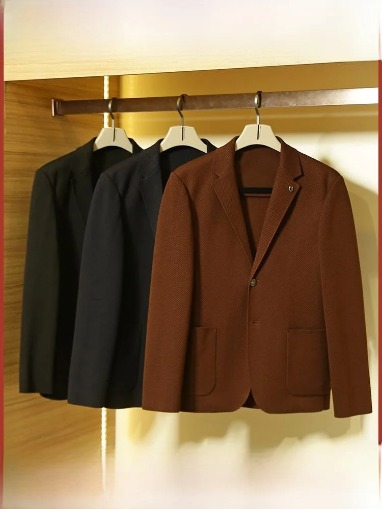 

High-End Men's Knitted Busin Casual Suit Jaet Spring Autumn New Sle Casual Texture Design Two-Button Stand Fit