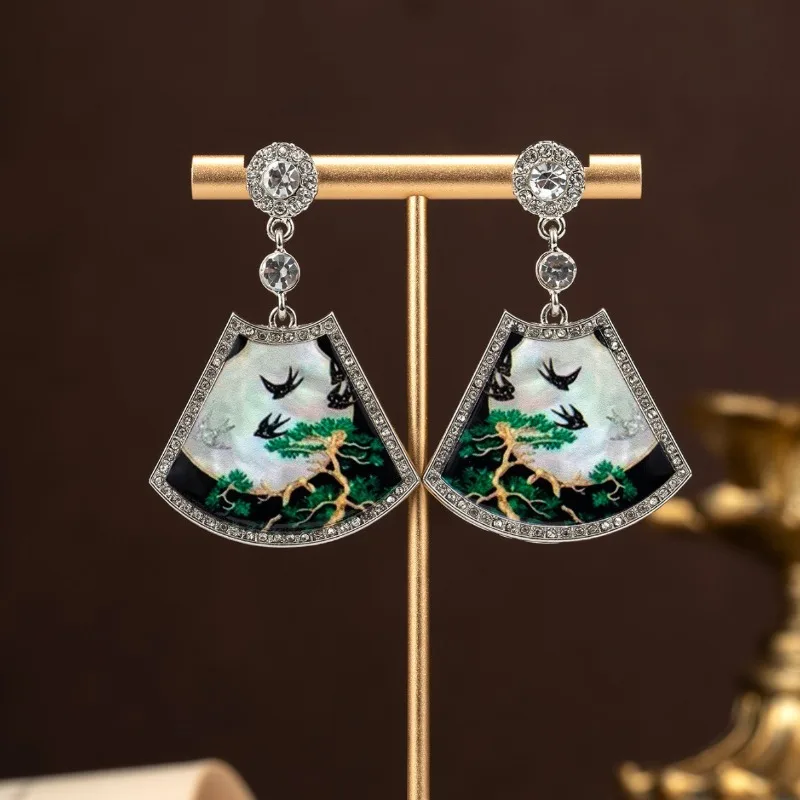 Chinese Style Fan Dangle Earrings, Enamel Rhinestone Swallow & Moon Pattern Retro Unique Women Statement Ear Jewelry