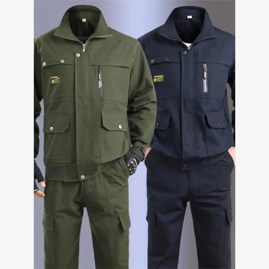 純綿作業服セット メンズ 耐熱Wワークウェア 耐久性のある労働保護スーツ 春秋用作業着