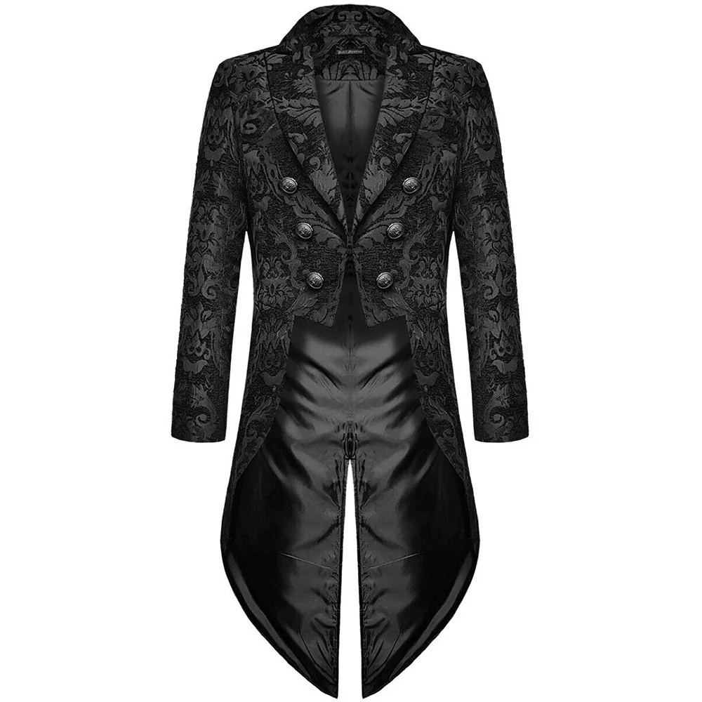 Adult Men Medieval Cosplay Tailcoat Black Jackets Devil Steampunk Costume Brocade Damask Gothic Wedding Coat Halloween Shirt