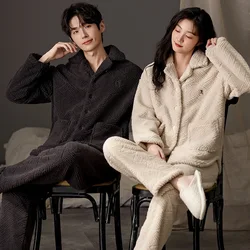 Coral Velvet Couple Pajamas Winter Thickened Warm Flannel Winter Homewear Suit Pocket Zipper Loose Warm Button