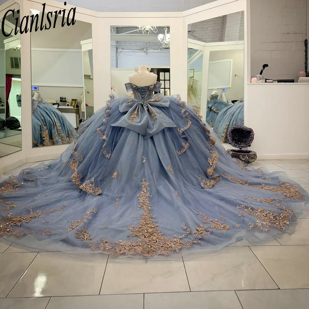 

Smoke Blue Beading Crystal Ruffles Quinceanera Dresses Ball Gown Gold Appliques Lace Bow Mexican Sweet 16 XV Anos