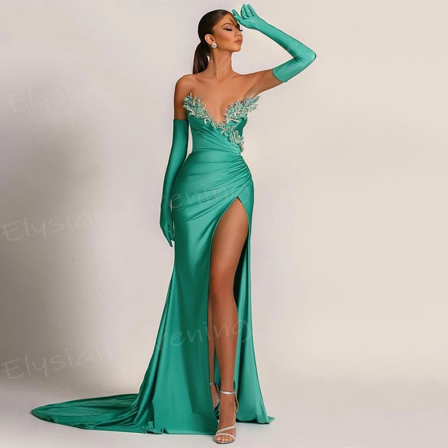 Elegant Pretty Women's Mermaid Simple Evening Dresses Charming Strapless Prom Gowns Beaded Sexy Side High Split Vestido De Noche