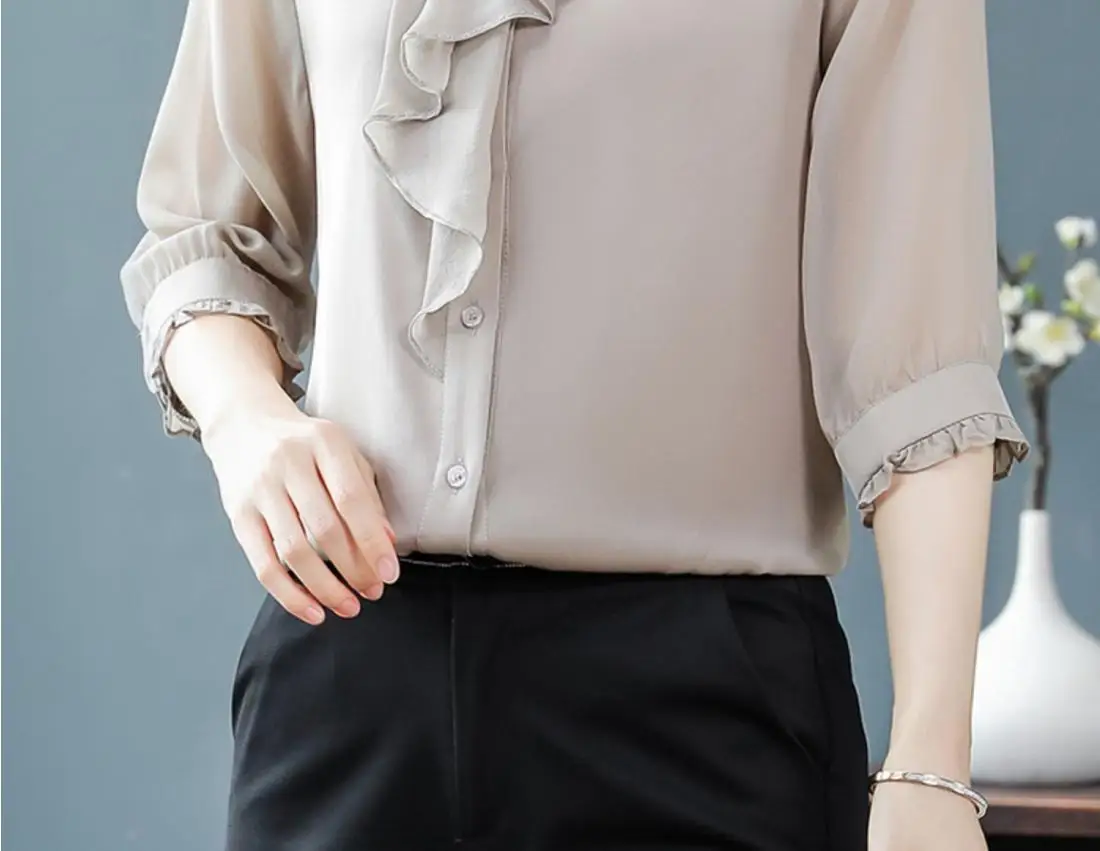 High End Brand Temperament Seven Quarter Sleeve Chiffon Shirt Women\'s Spring Autumn New Style Small Shirt Top Stylish Small Shir