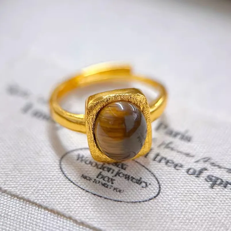 Luxury 24K 9999 Pure Gold real gold Gold shop with brushed square gemstone ring for women