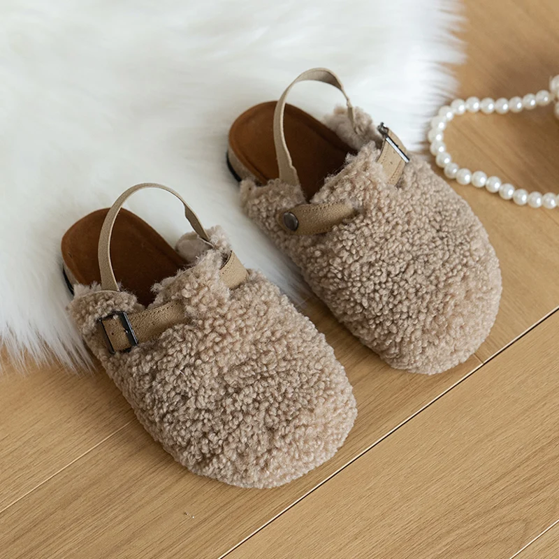 

Warm Shearling Birken Clog Sandals For Girls Brand Design Lambswool Mule Slippers Kids Cork Sole Elasic Band Fur Slide Shoes