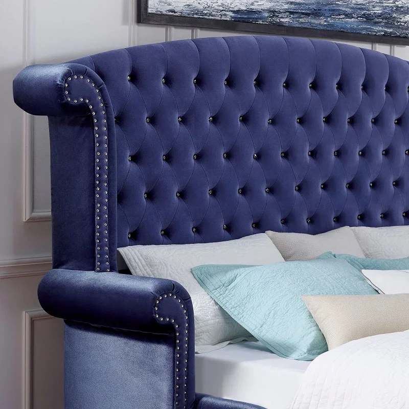 Velvet Luxury Furniture King Size Bed Frame Contemporary Upholstered King Size Bed with Night Tablespromote sales