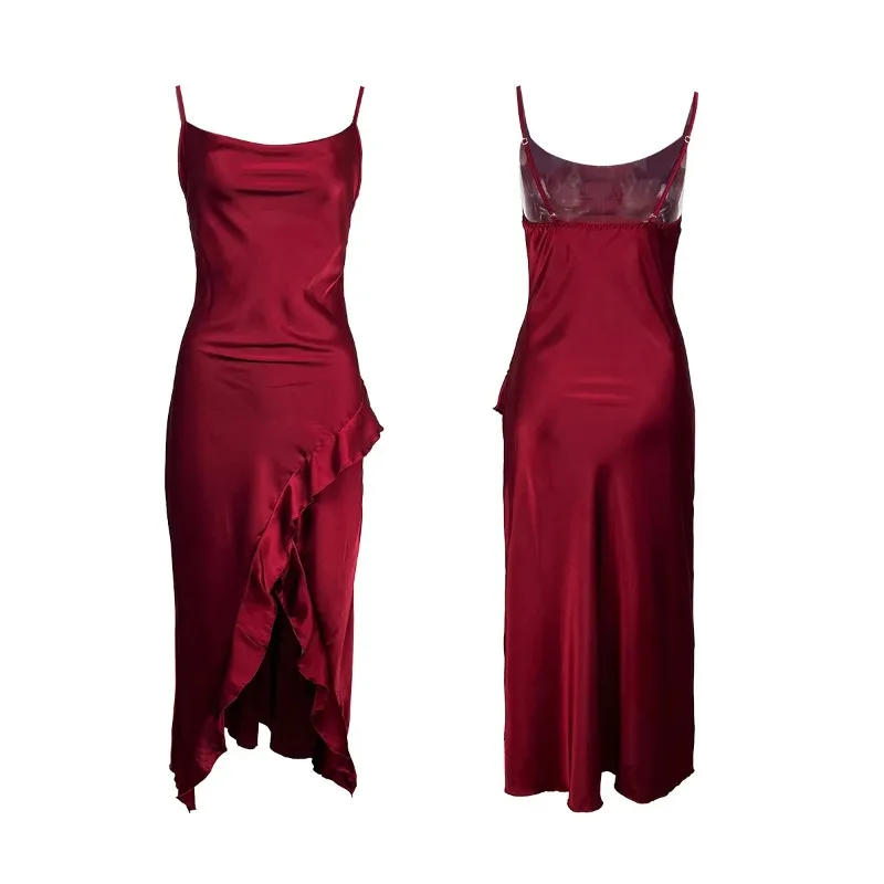 

Red New Sling Sexy And Charming Ruffle Edge Bottom Split Smooth Surface Sleeveless Appear Thin Temperament Girl Long Dress
