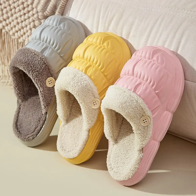 Winter Warm Waterproof Women Slippers Cartoon Shoes Furry Non-Slip Sole Plush Home Cotton Shoes Indoor Outdoor Thick Heel Slides