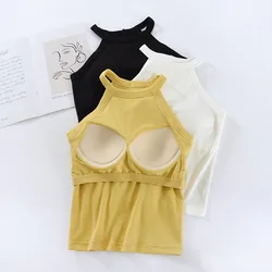 2024 Ribbed Women's Camisole with Padded Wireless Bust Sleeveless Sexy Halter Neck Casual Stylish Base Layer Female Top Outwear