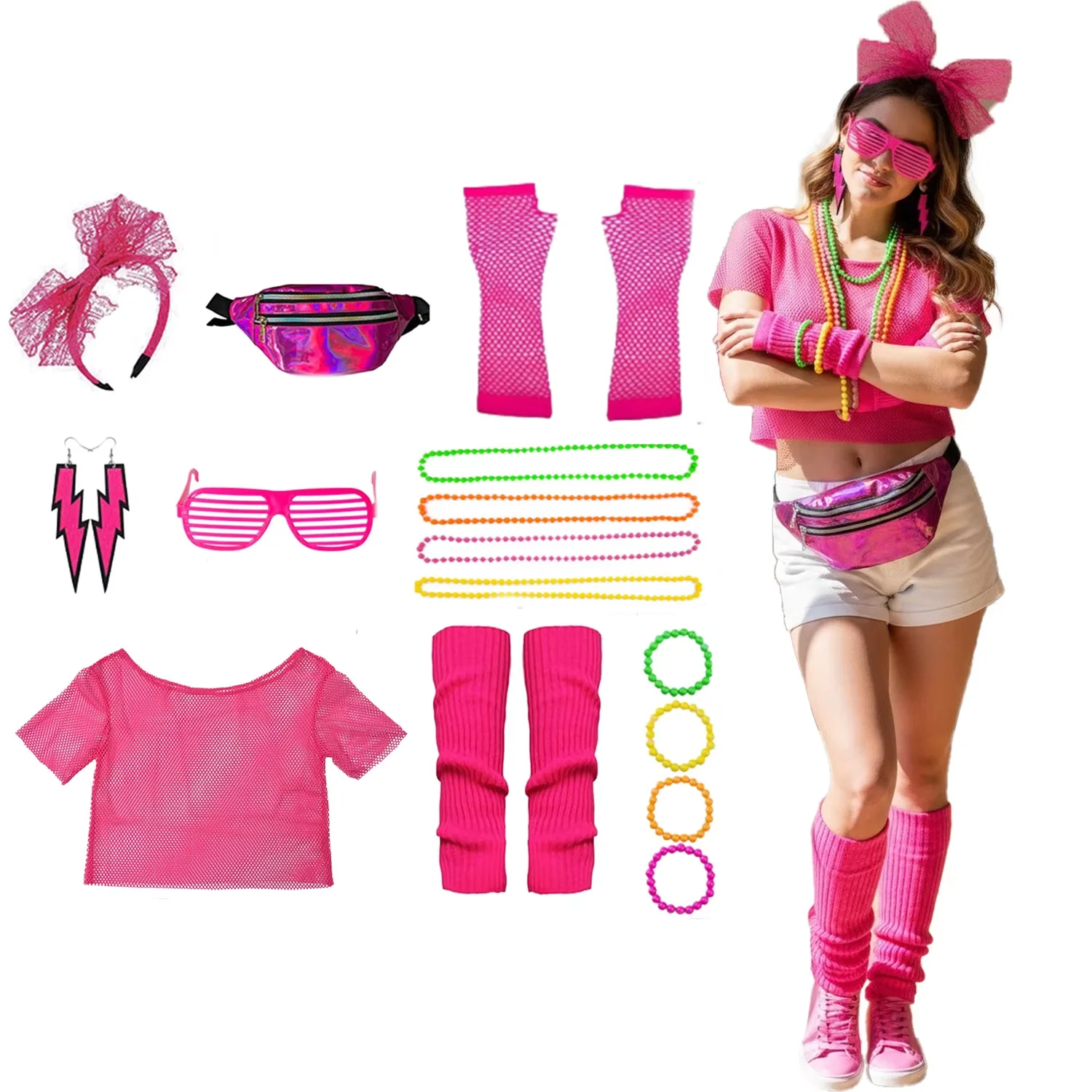 PESENAR 女性用ドレスアップアクセサリー 80年代風ドレスアップイヤリング ウエストバッグ 半袖ヘアフープ 膝パッドなど9点セット