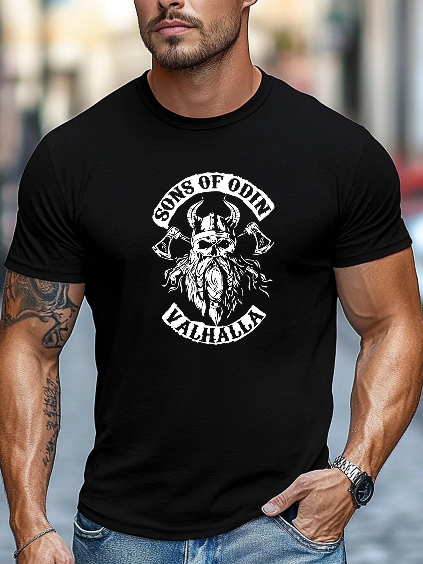 Plus-Size Men's T-Shirt, Simple and Stylish, Clean and Minimalist, Men's Sons of Odin Valhalla Graphic Summer Casual Crew Neck Short-Sleeve T-Shirt