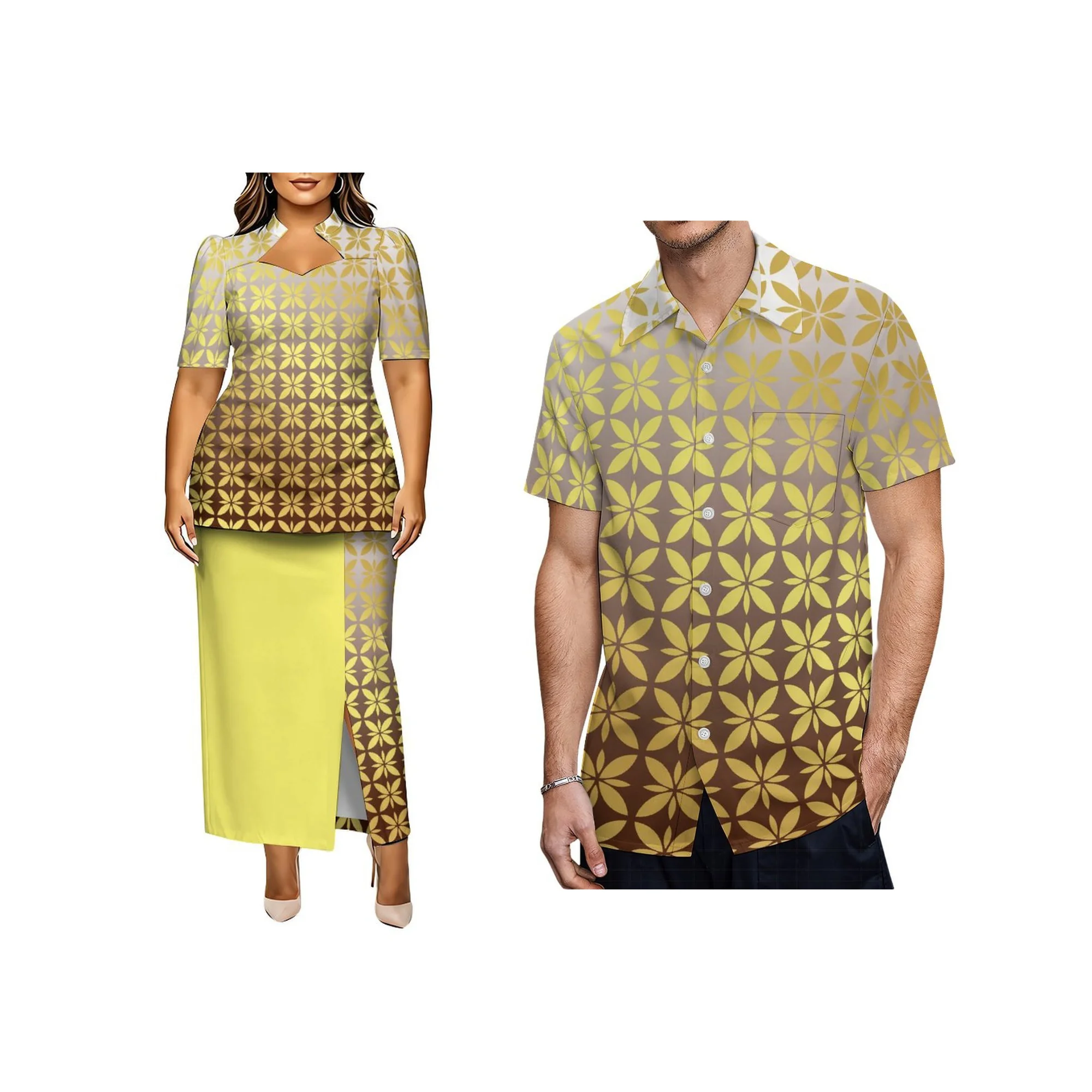Hot Sale Polynesian Plaid Floral Print Women Puletasi 2 Piece Matching Set Keyhole Neck Top Slit Long Skirt for Church Ceremony