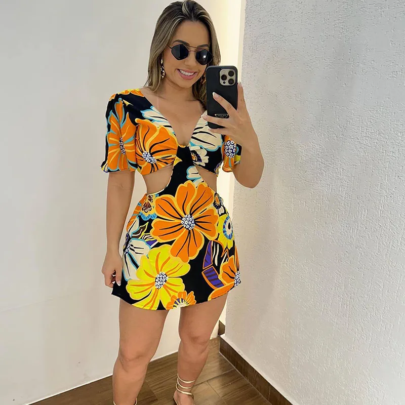 Sexy Color Floral Print Skirt Jumpsuit Women Short Ruffles Sleeve V-neck Backless Bandage Hollow Out Night Club Party Playsuits