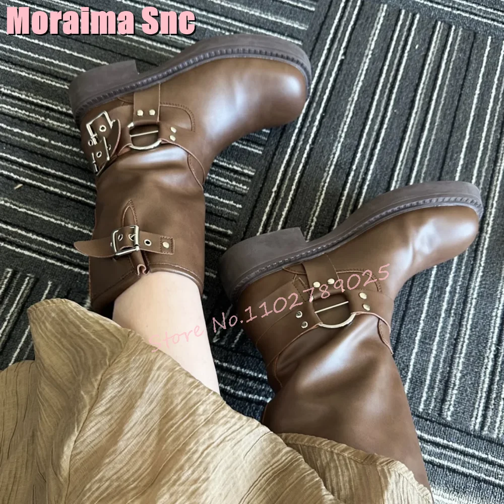 

Metal Belt Bukle Mid Calf Boots Square Toe Slip On Fashion Women Ankle Boots Block Mid Heel Brown Solid Vintage Autumn Winter