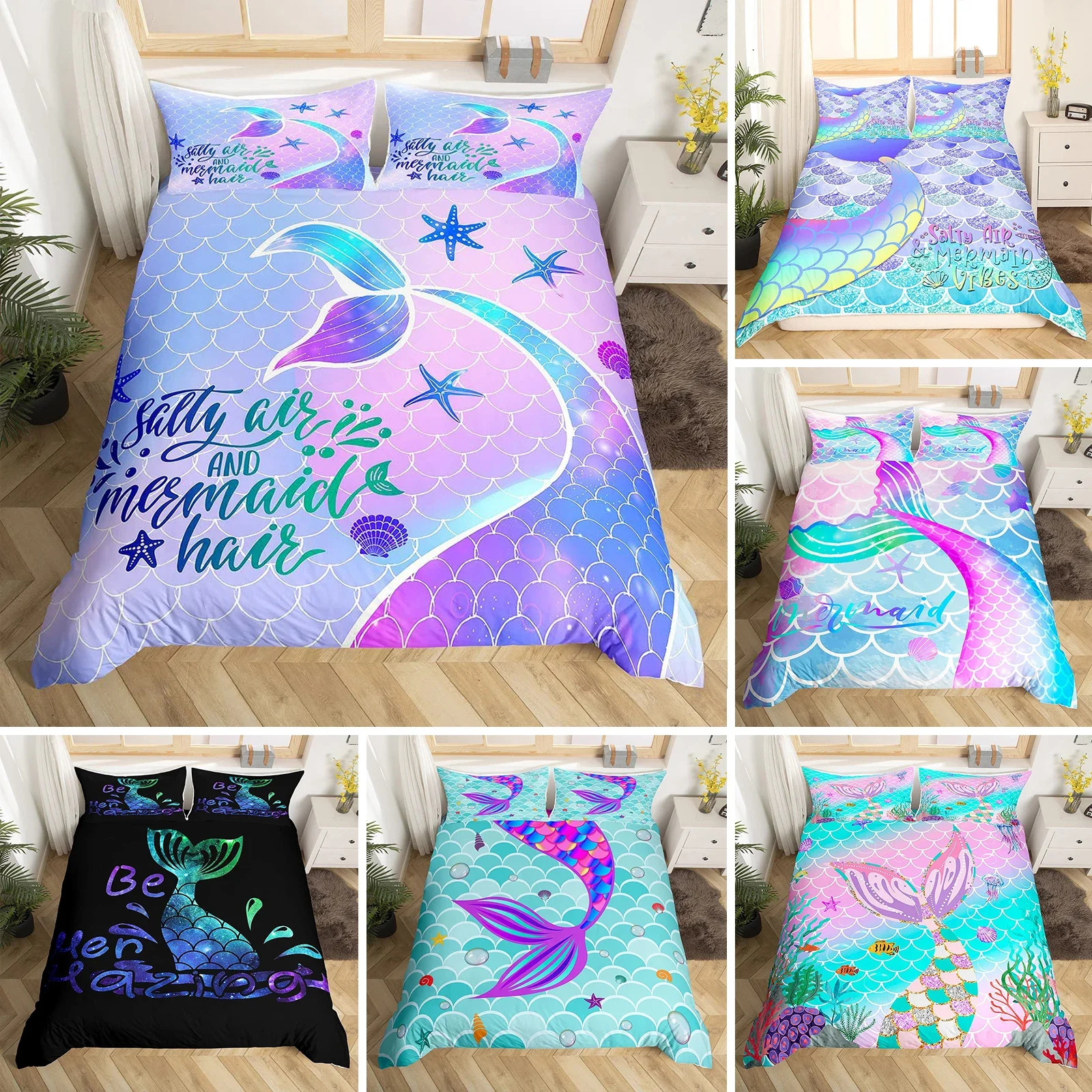 

Mermaid Tail Comforter Cover King/Queen Size,Fishtail Starfish Shell Ocean Animal Theme Polyester Duvet Cover for Kids Girls