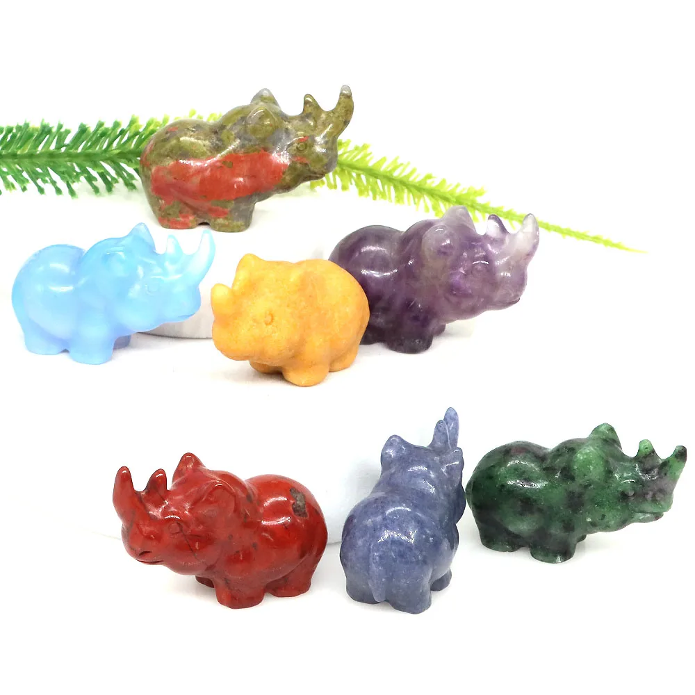 Natural Stone Rhinoceros Statue Healing Crystal Carved Rhino Animal Figurine Reiki Gemstone Mineral Crafts Home Decoration Gifts