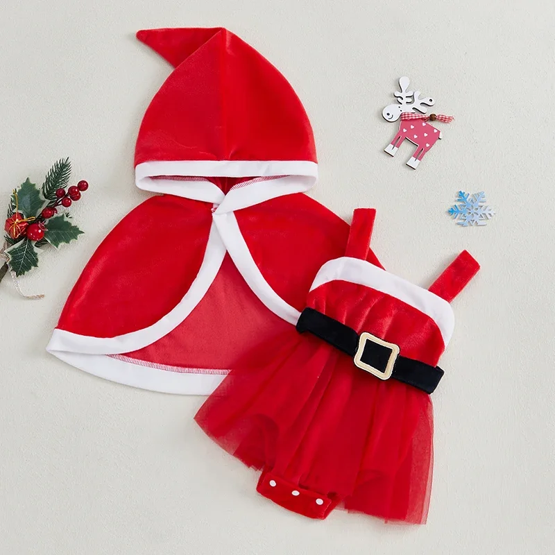 

Baby Girls Christmas Set Santa Belt Sleeveless A-Line Guaze Romper Dress Hooded Cloak Outfits Costume