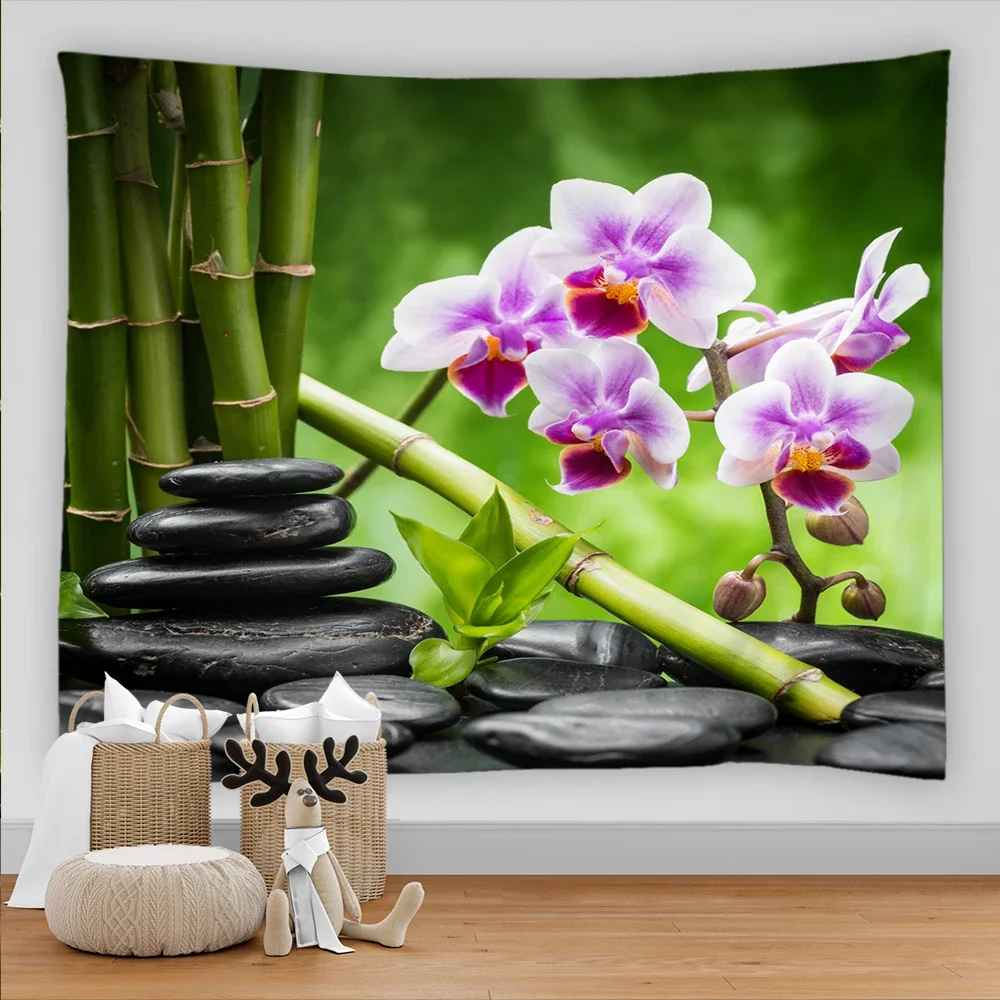 Zen Stone Plant Bamboo Tapestry Wall Hanging Flowers Running Water Tapestry Scenery Wall Ceiling Cloth Carpet Beach Towel Decor