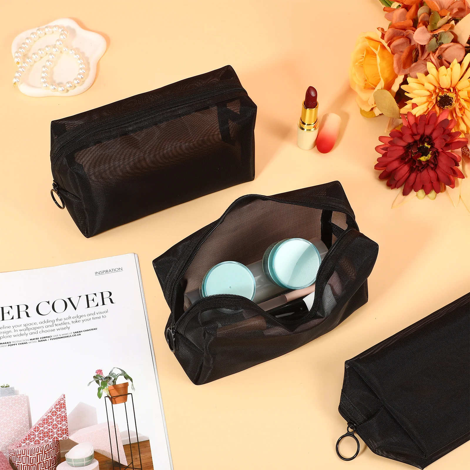 

3Pcs Mesh Makeup Organizer Bag Travel Pouch Zipper Breathable Toiletry Skincare Storage Mesh Cosmetics Bag