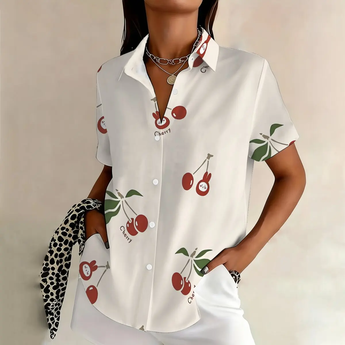 

Летняя женская рубашка больших размеров с коротким рукавом и принтом вишни: повседневная, стильная, универсальная для ежедневной носки