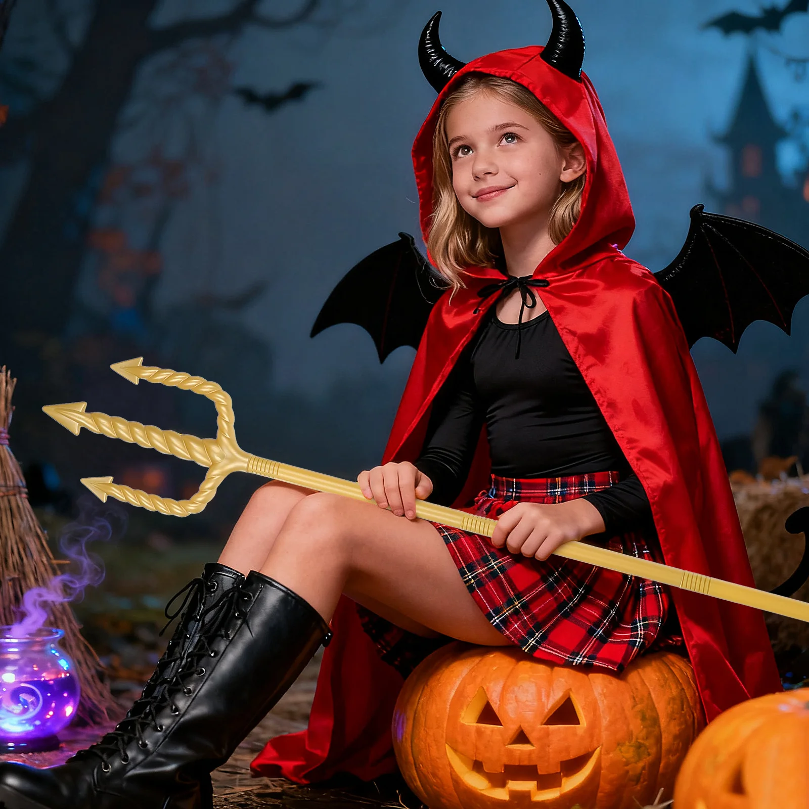 Diabelski Trójząb do Cosplayu i Dekoracji Halloweenowych, Demoniczny Spiralny Trójząb, Odłączany Rekwizyt Sceniczny