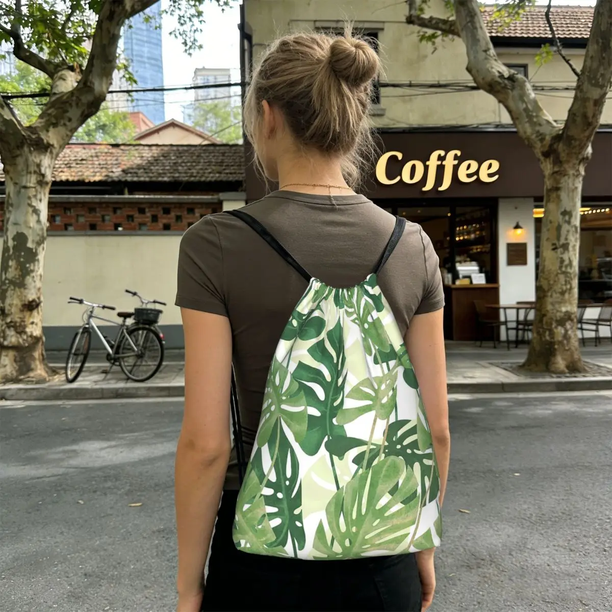 Green Tropical Jungle Leaf Print Backpacks Multi-function Drawstring Bags Storage Bag Book Bags for Man Woman Students
