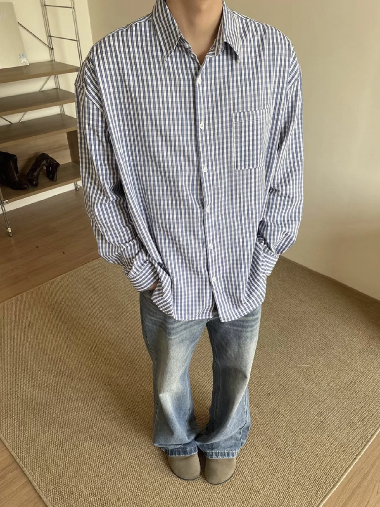 

Cleanfit Loose Casual Plaid irt American Fre Lazy Sle Blue Fine id Мужские и женские свободные удобные осенние длинные свеки