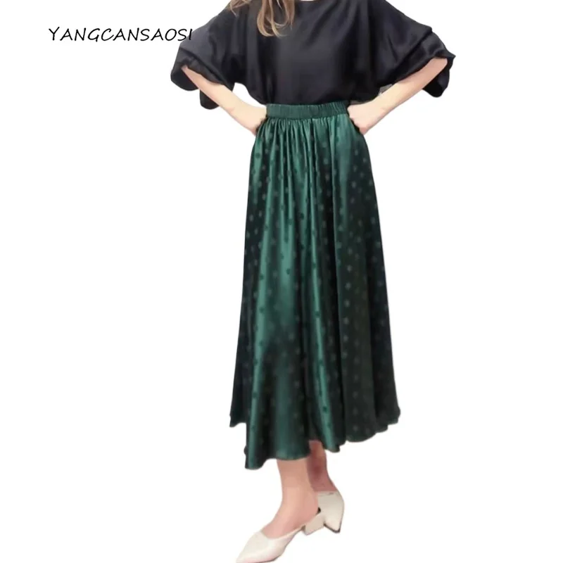 

Women's Fashion Clothing 21MM 3.5m Large Swing 93% Natural Mulberry Silk Elastic Jacquard Satin Agate Green Diagonal Cut Skirt
