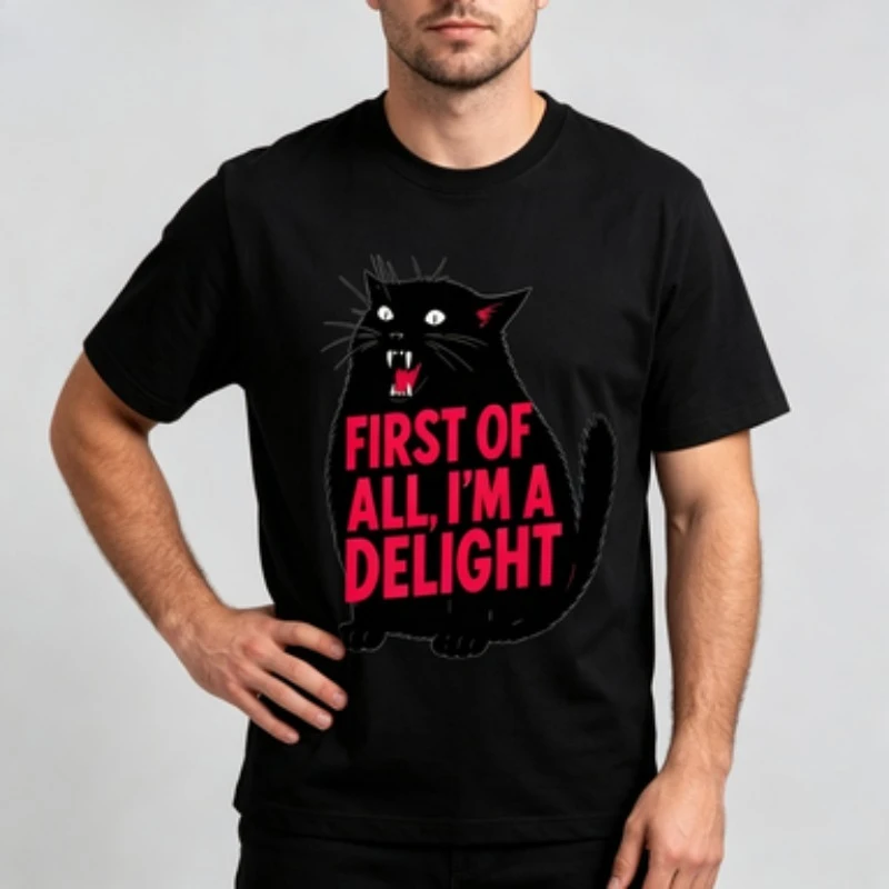 Male 100% Cotton Pet Graphic Tee First Of All I'm A Delight Angry Black Cat Print Short Sleeve Summer Casual Men Tees