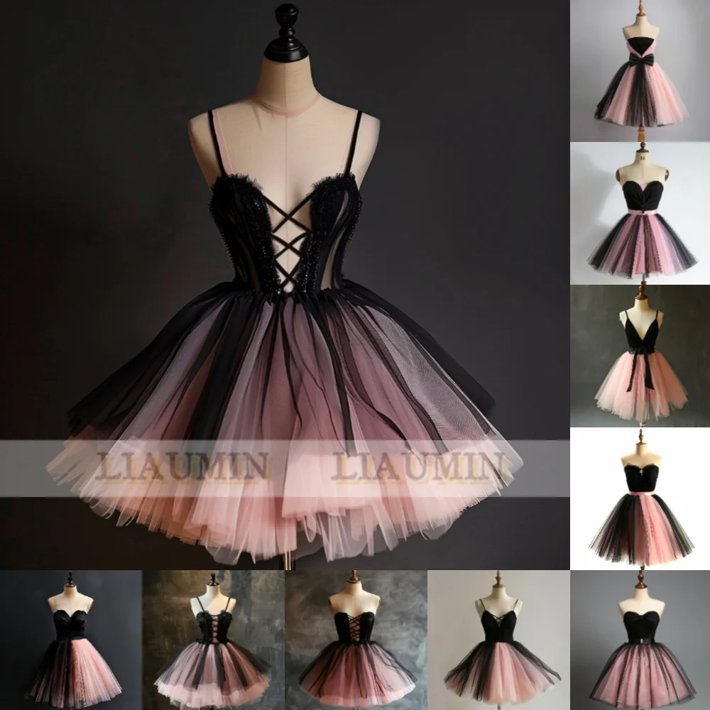 

Pink And Black Tulle Short Length Evening Dress Formal Brithday Party Prom Princess Homecoming Skirt Hand Made Custom W15-4