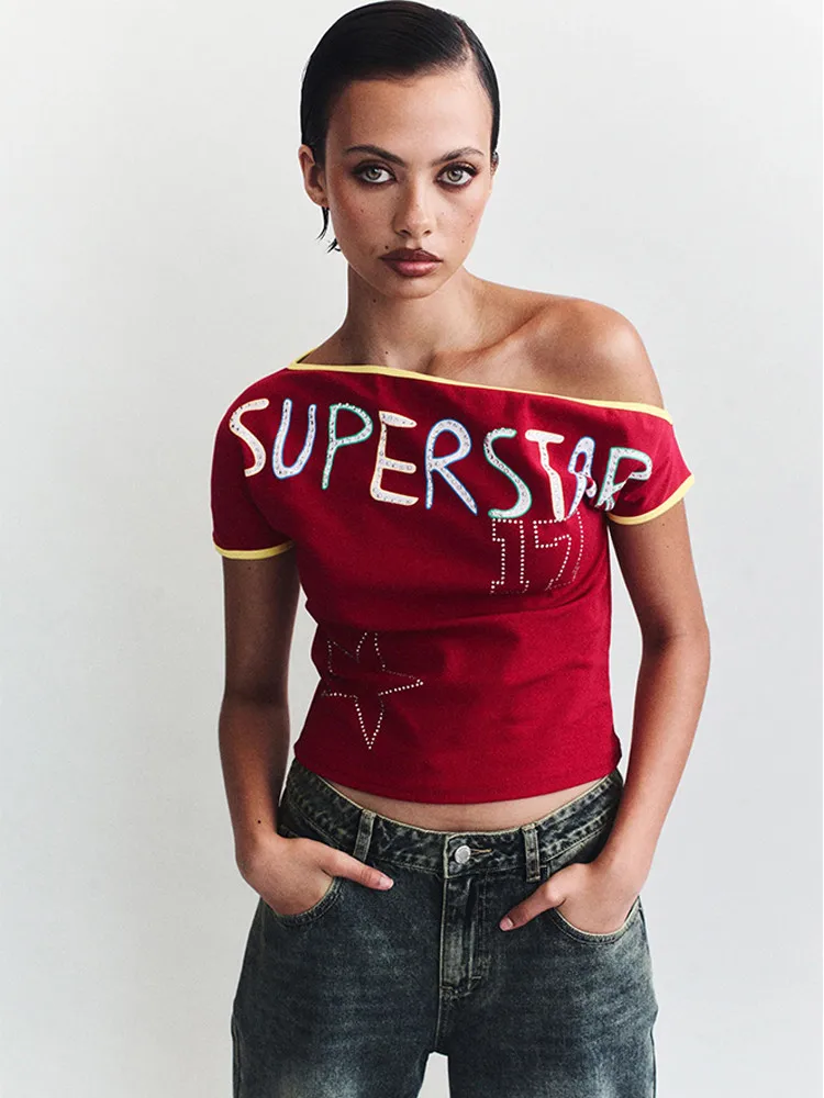 

Street-mounted rhinestone star letter printed graphic T-shirt Y2K one-shoulder short-sleeved cut blouse in summer