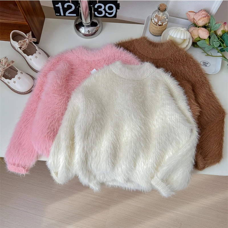 

Korean Autumn Top Knitted Jumper Versatile Fashion Women Solid Color Sweater Children's Outdoor Clothes Girls From 2 To 8 Years