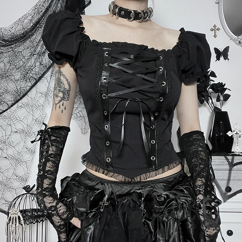 Y2K Goth Black Puff Sleeve Lace-up Corset T-Shirts Harajuku Vintage Aesthetic Lace Trim One Shoulder Crop Tops Grunge Streetwear