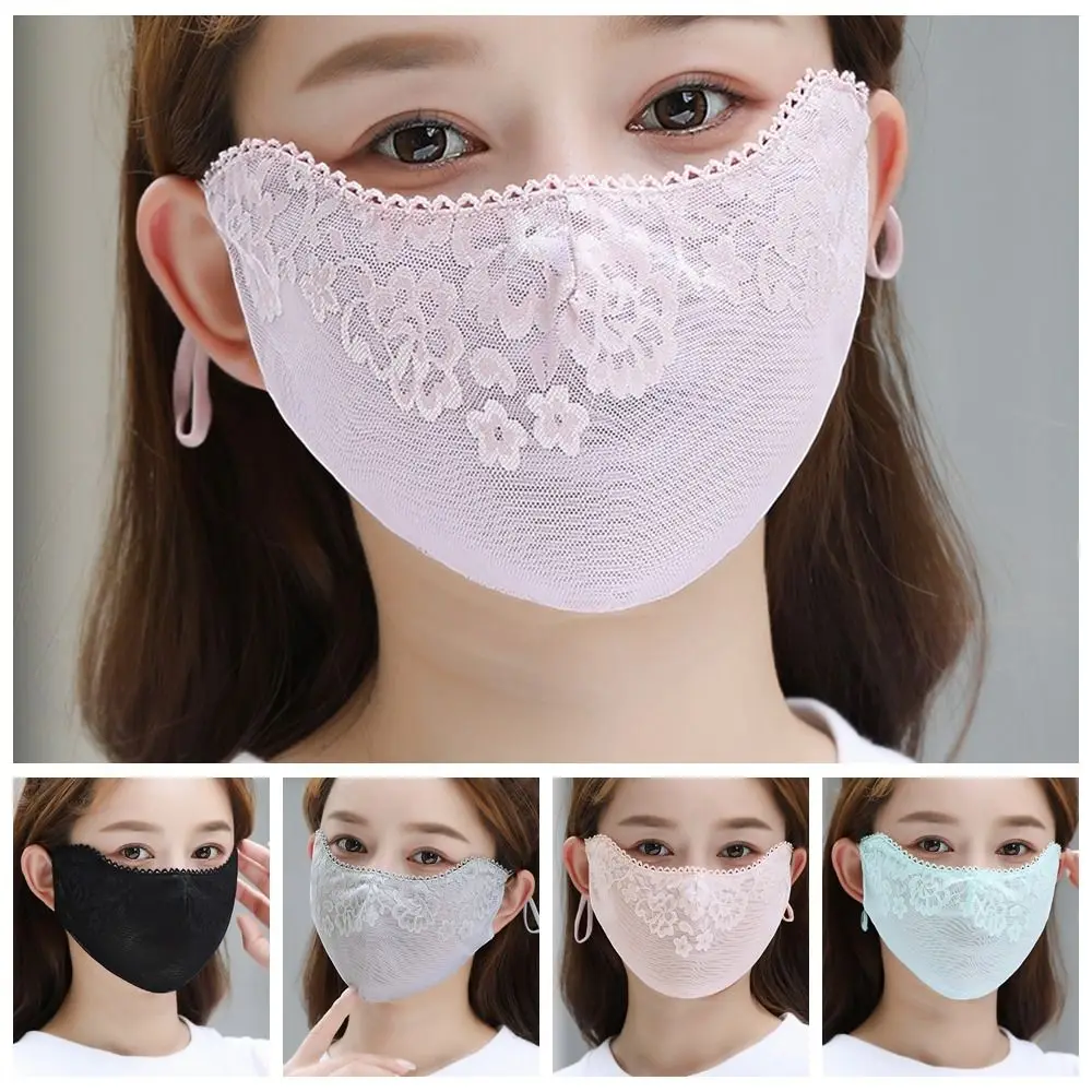 Solid Color Sunscreen Lace Mask Flower Sunshade Sunscreen Face Cover Hanging Ear UV Protection UV Protection Mask Women