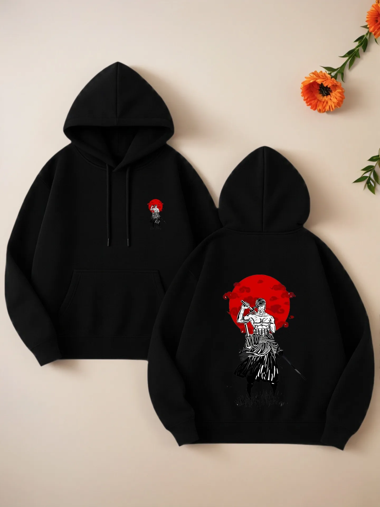 

Graphic Hoodie, Samurai - Inspired Print, Streetwear Aesthetic, Cotton Blend, Casual Everyday Wear, For Young Men