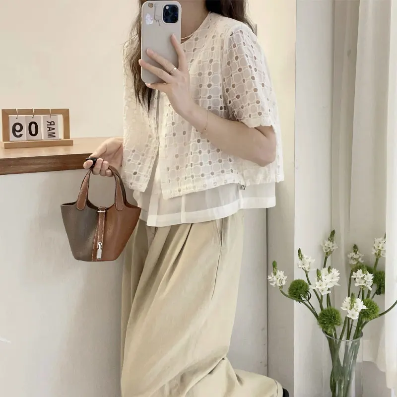 Female Clothing Fashion Hollow Out Blouse Summer Fake Two Pieces Spliced Korean Short Sleeve Loose Casual Single-breasted Shirt