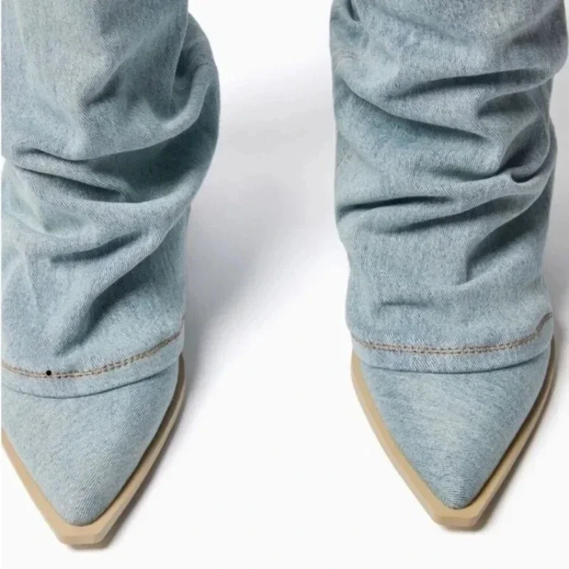 Pleated Block Heels Denim Boots for Women 2024 Autumn Pointed Toe Women High Knee Boots Plus Size Fashion Cowboy Woman Boots image 5