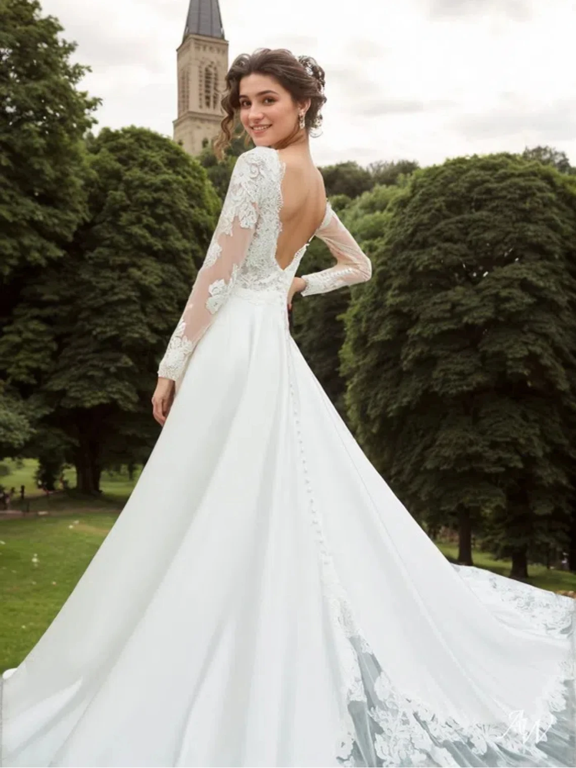 Elegante abito da sposa a trapezio romantico con scollo a V maniche lunghe in raso con applicazioni in pizzo abito da sposa da fidanzamento da spiaggia 2025 personalizzato gratuito